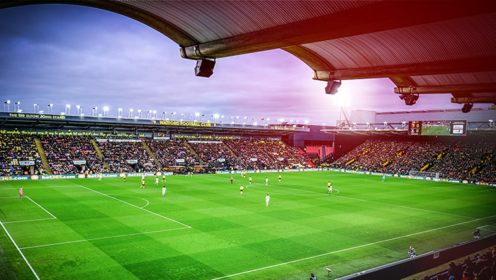 A wide shot of a full crowd at Vicarage Road Stadium, Watford Football Club