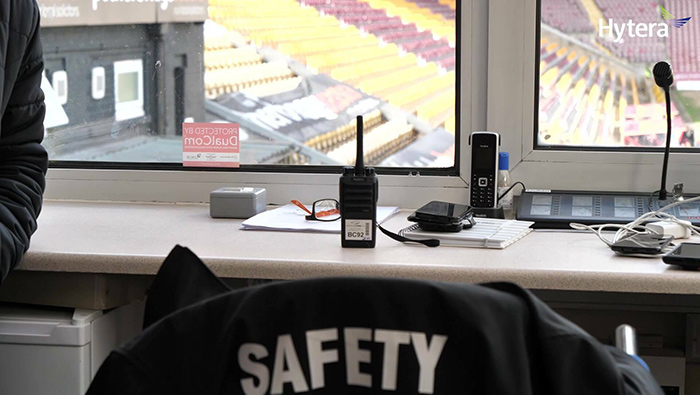 The security office at Bradford City Football Club stadium, with a Hytera radio on the desk
