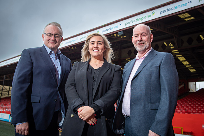 Top team: from left: Steve Kennedy, managing director at Perfectshine and Perfecthygiene, Amy Thomson, key account manager at Aberdeen Football Club, and Stewart Gardiner, commercial director at Perfectshine and Perfecthygiene