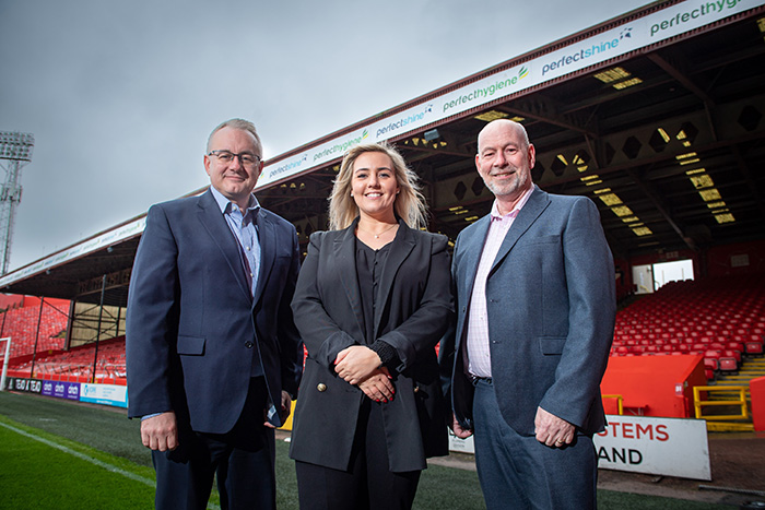 Top team: from left: Steve Kennedy, managing director at Perfectshine and Perfecthygiene, Amy Thomson, key account manager at Aberdeen Football Club, and Stewart Gardiner, commercial director at Perfectshine and Perfecthygiene